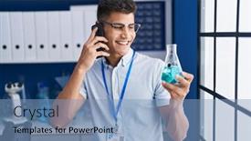  Presentation with test tube laboratory - PPT theme featuring young-hispanic-man-scientist-talking background and a light blue colored foreground