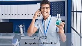  Presentation with test tube laboratory - Slide deck with young-hispanic-man-scientist-talking background and a light blue colored foreground