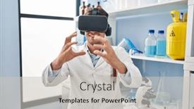  Presentation with virtual laboratory - PPT layouts consisting of young-hispanic-man-scientist-using background and a light gray colored foreground