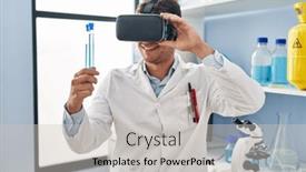  Presentation with virtual laboratory - Slides having young-hispanic-man-scientist-using background and a light gray colored foreground