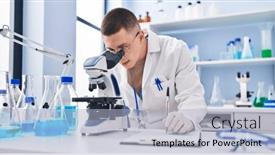  Presentation with report - Slide set with young-hispanic-man-scientist-using background and a light blue colored foreground