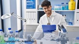  Presentation with sample - Slides having young-hispanic-man-scientist-weighing background and a  colored foreground