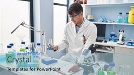  Presentation with liquid - Slide deck consisting of young-hispanic-man-scientist-weighing background and a  colored foreground