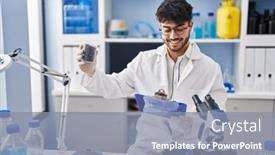  Presentation with sample - PPT theme having young-hispanic-man-scientist-weighing background and a  colored foreground