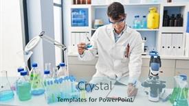  Presentation with liquid - Presentation design enhanced with young-hispanic-man-scientist-weighing background and a  colored foreground