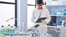  Presentation with writing - Presentation theme with young-hispanic-man-scientist-writing background and a light blue colored foreground