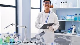  Presentation with writing - Slide set with young-hispanic-man-scientist-writing background and a light blue colored foreground