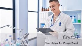  Presentation with report - Slide set enhanced with young-hispanic-man-scientist-writing background and a light gray colored foreground