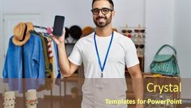  Presentation with hispanic - Slides featuring young-hispanic-man-shopkeeper-showing background and a tawny brown colored foreground