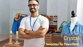  Presentation with hispanic - Presentation design having young-hispanic-man-shopkeeper-smiling background and a tawny brown colored foreground