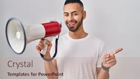  Presentation with finger - PPT theme with young-hispanic-man-shouting-through background and a coral colored foreground