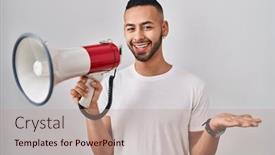  Presentation with achievement - Presentation design enhanced with young-hispanic-man-shouting-through background and a  colored foreground