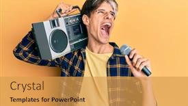  Presentation with hispanic - Presentation theme consisting of young-hispanic-man-singing-song background and a yellow colored foreground