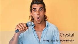  Presentation with microphone - PPT theme having young-hispanic-man-singing-song background and a light blue colored foreground