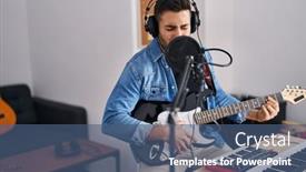  Presentation with music singing - Presentation theme enhanced with young-hispanic-man-singing-song background and a ocean colored foreground