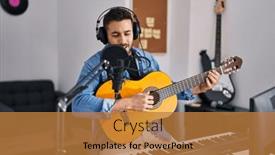  Presentation with classical guitar - Slide set consisting of young-hispanic-man-singing-song background and a gold colored foreground