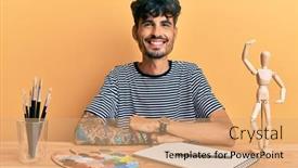  Presentation with standing sitting - Audience pleasing presentation theme consisting of young-hispanic-man-sitting backdrop and a coral colored foreground