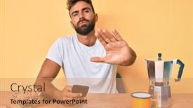  Presentation with defense - Cool new PPT theme with young-hispanic-man-sitting backdrop and a coral colored foreground