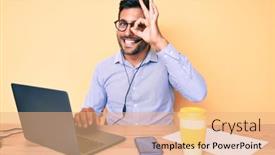  Presentation with call center - Amazing slides having young-hispanic-man-sitting backdrop and a coral colored foreground