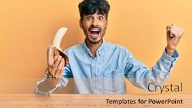  Presentation with banana - PPT theme featuring young-hispanic-man-sitting background and a coral colored foreground