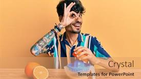  Presentation with hispanic - Slide deck with young-hispanic-man-sitting background and a coral colored foreground