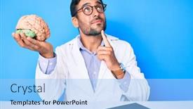  Presentation with brain thinking - PPT theme with young-hispanic-man-sitting background and a light blue colored foreground