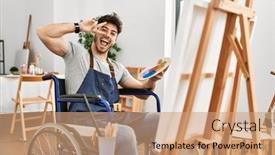  Presentation with wheelchair - Presentation theme with young-hispanic-man-sitting background and a coral colored foreground