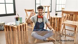  Presentation with art - Presentation theme enhanced with young-hispanic-man-sitting background and a coral colored foreground
