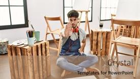  Presentation with hand palm - Theme with young-hispanic-man-sitting background and a  colored foreground