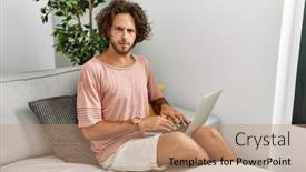  Presentation with young man holdng laptop on lap money - Slide deck consisting of young-hispanic-man-sitting background and a  colored foreground