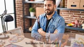  Presentation with art - Slide set consisting of young-hispanic-man-sitting background and a coral colored foreground