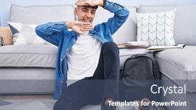  Presentation with 3d man sitting question mark - Presentation having young-hispanic-man-sitting background and a ocean colored foreground