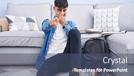  Presentation with floor - PPT theme consisting of young-hispanic-man-sitting background and a  colored foreground