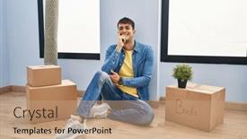  Presentation with new home - PPT theme enhanced with young-hispanic-man-sitting background and a coral colored foreground