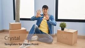  Presentation with panic - PPT theme having young-hispanic-man-sitting background and a coral colored foreground