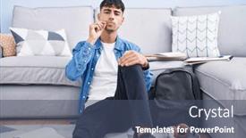  Presentation with lips mouth - Presentation theme consisting of young-hispanic-man-sitting background and a ocean colored foreground