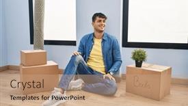  Presentation with new home - Slide deck having young-hispanic-man-sitting and a  colored foreground