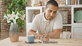  Presentation with taking notes - Presentation theme consisting of young-hispanic-man-sitting background and a  colored foreground