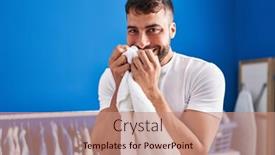  Presentation with laundry room - Presentation having young-hispanic-man-smelling-towel background and a coral colored foreground