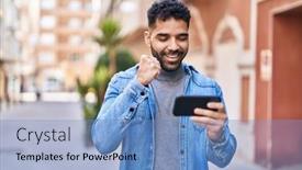  Presentation with video game - PPT theme with young-hispanic-man-smiling-confident background and a teal colored foreground