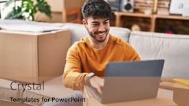  Presentation with new home - Presentation theme enhanced with young-hispanic-man-smiling-confident background and a coral colored foreground