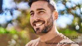  Presentation with confident - Presentation design enhanced with young-hispanic-man-smiling-confident background and a coral colored foreground