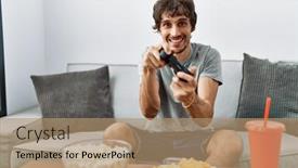  Presentation with video game - Slide set consisting of young-hispanic-man-smiling-confident background and a  colored foreground