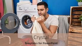  Presentation with laundry room - Slides featuring young-hispanic-man-smiling-confident background and a coral colored foreground