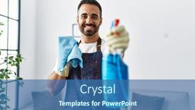  Presentation with sprayer - PPT theme consisting of young-hispanic-man-smiling-confident background and a ocean colored foreground