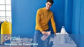  Presentation with laundry detergent - Presentation having young-hispanic-man-smiling-confident background and a ocean colored foreground