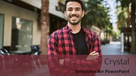  Presentation with gold man smile - PPT theme consisting of young-hispanic-man-smiling-confident background and a tawny brown colored foreground