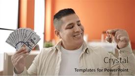  Presentation with new home - Slides consisting of young-hispanic-man-smiling-confident background and a  colored foreground