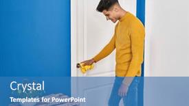  Presentation with man door - Slide deck consisting of young-hispanic-man-smiling-confident background and a teal colored foreground