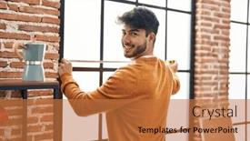  Presentation with measuring - PPT theme having young-hispanic-man-smiling-confident background and a coral colored foreground